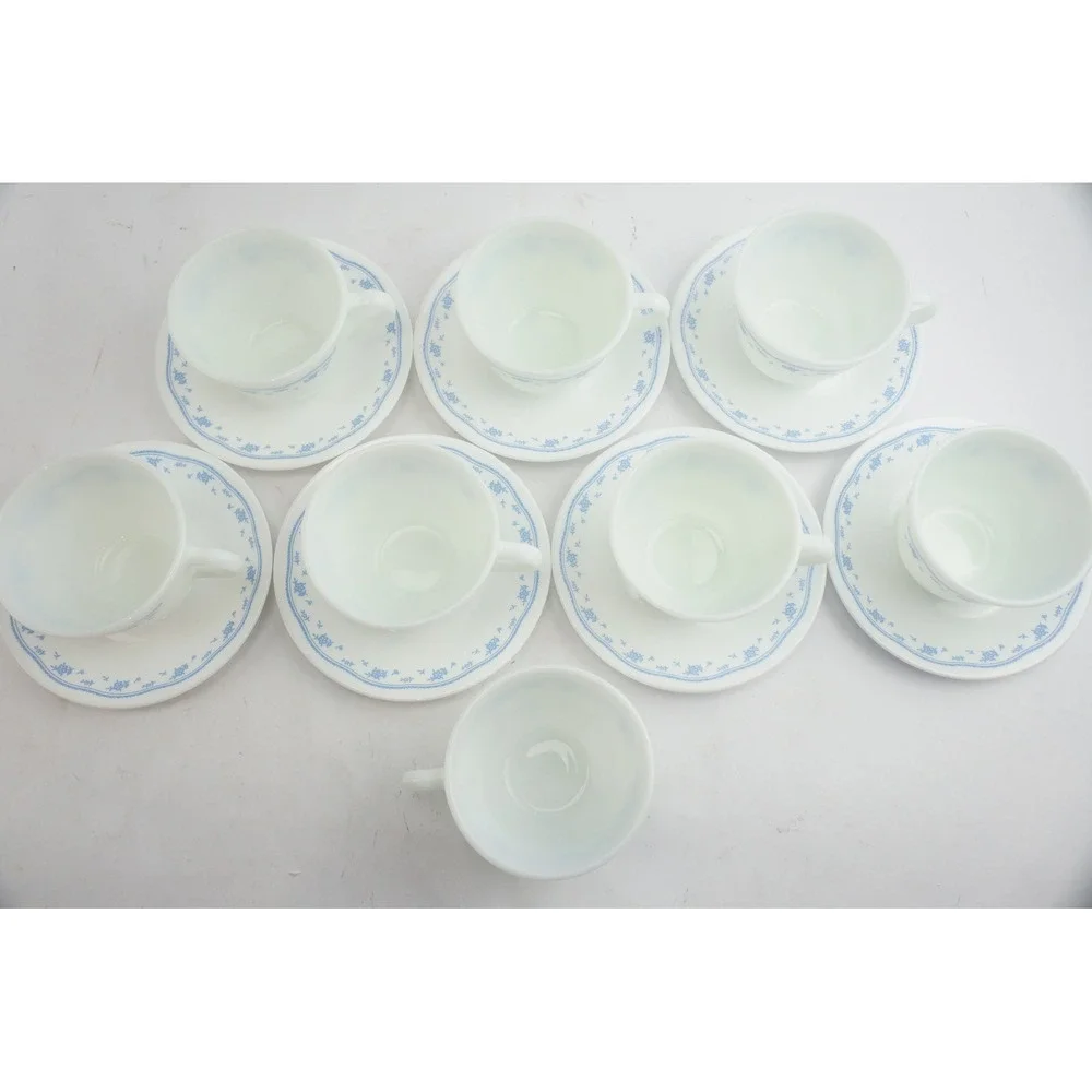 Corelle Pyrex Morning Blue Tea Cup and Saucer Set 15pc White‎ Blue Excellent